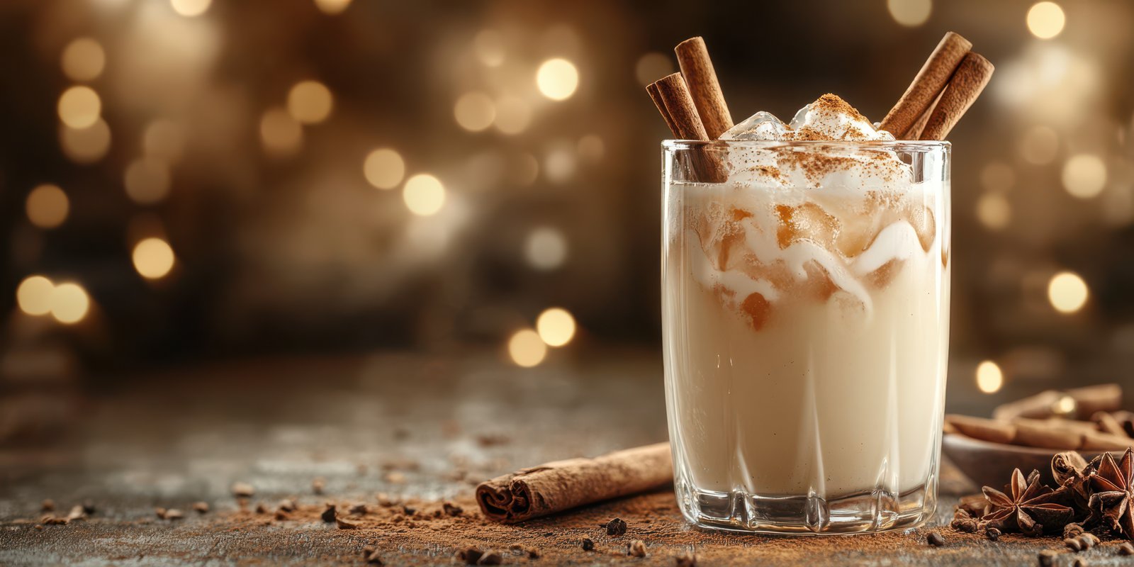 Creamy iced beverage sits on a wooden table adorned with cinnamon sticks and spices in a warm evening setting